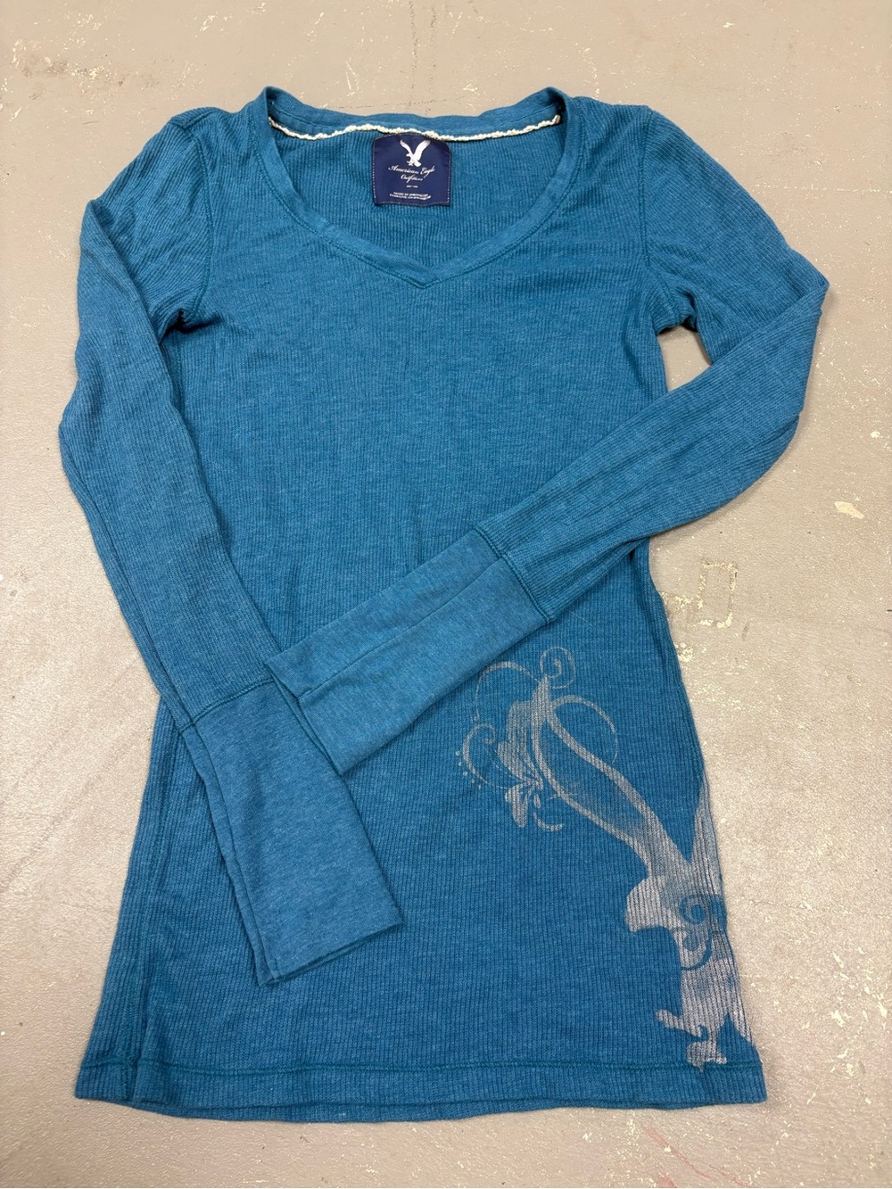 American Eagle Y2K Blue Waffle Knit Thermal Long Sleeve Top Womens Medium